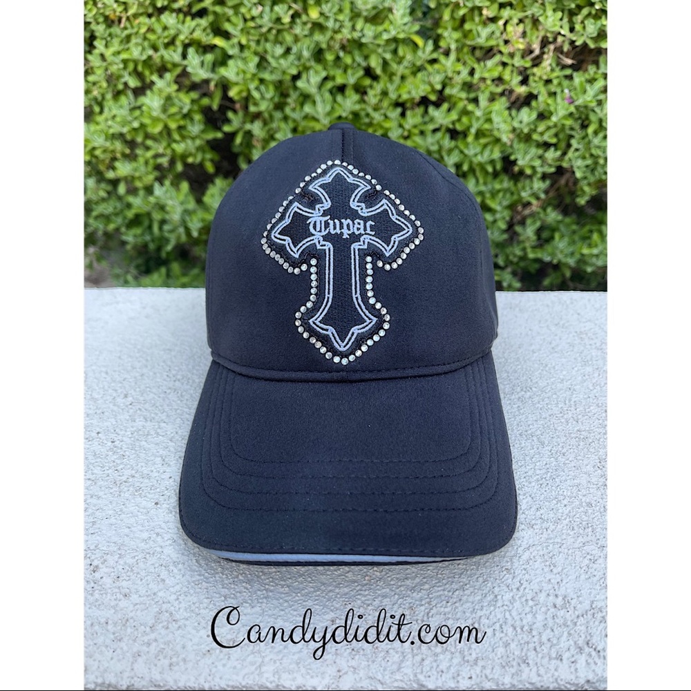 Candy Did It! One Of A Kind Handmade Tupac Black Bling Cross Ponytail Ball Cap